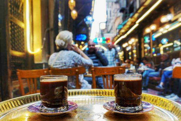 Turkish coffee in market in Cairo city Egypt stock photo