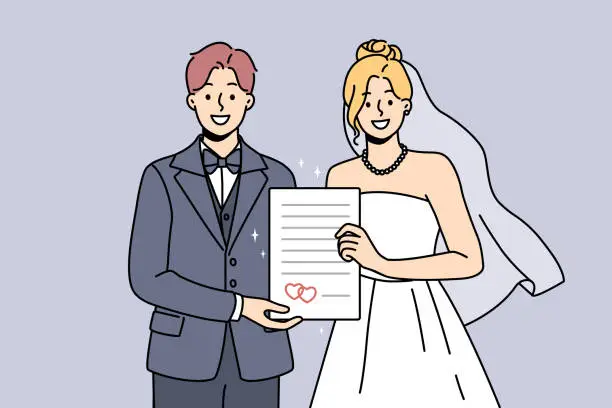 Vector illustration of Smiling bride and groom hold marriage certificate