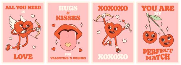 Groovy lovely hearts retro posters set. Love concept. Happy Valentines Day. Trendy retro 60s 70s cartoon style. Card, postcard, print.