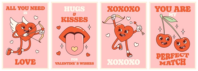 Groovy lovely hearts retro posters set. Love concept. Happy Valentines Day. Trendy retro 60s 70s cartoon style. Card, postcard, print.
