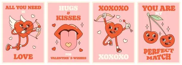 Vector illustration of Groovy lovely hearts retro posters set. Love concept. Happy Valentines Day. Trendy retro 60s 70s cartoon style. Card, postcard, print.