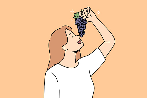 Happy young woman holding grape branch. Smiling girl enjoy fresh tasty fruits. Crop and harvest. Vector illustration.