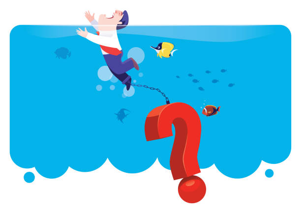 businessman being chained in question mark and drowning - ilustração de arte vetorial