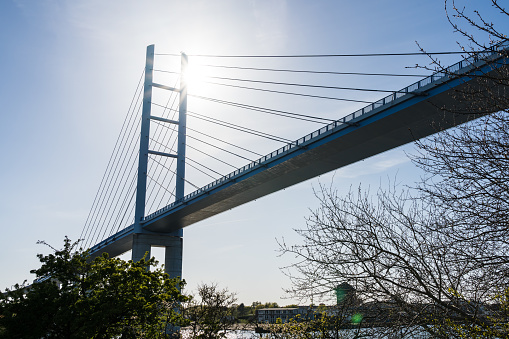 Suspension bridge on a sunny day connecting the Germand city Stralsund with the island Rugia
