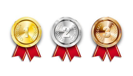 Gold, silver and bronze medals. Champion and winner awards medal set with red ribbon