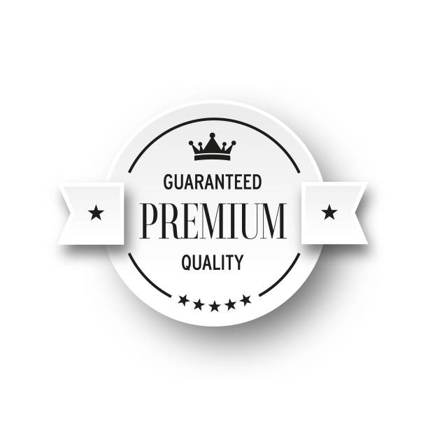 ilustrações de stock, clip art, desenhos animados e ícones de premium, guaranteed quality logo badge design - crown black banner white