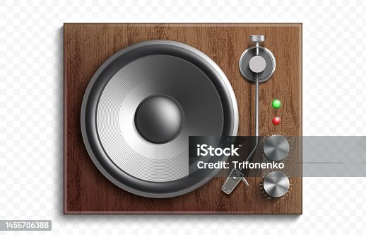 istock Vintage record player with music speaker. 1455706388