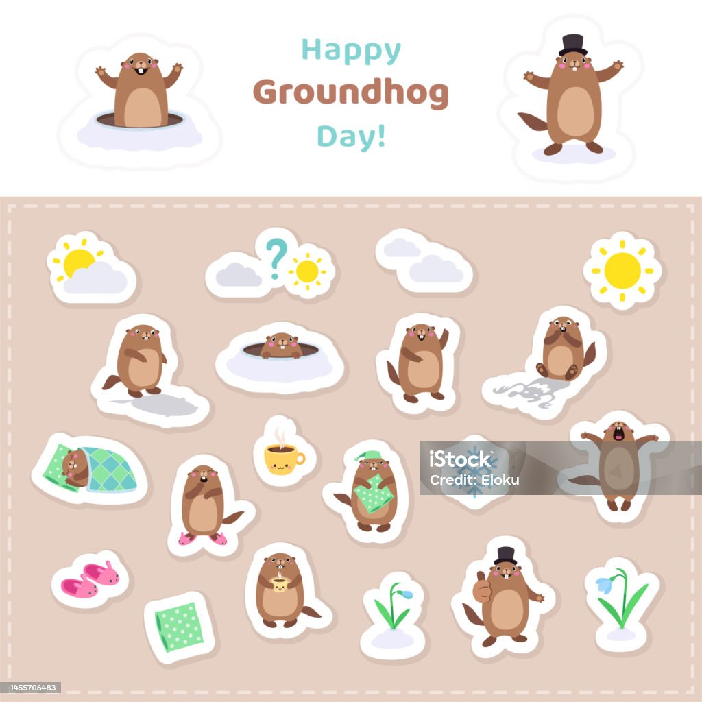 Groundhog Sticker Big Sticker Pack With Cute Cartoon Groundhog Printable Vector ...
