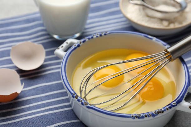 istock Whisk and eggs in pot on table, closeup 1455706761