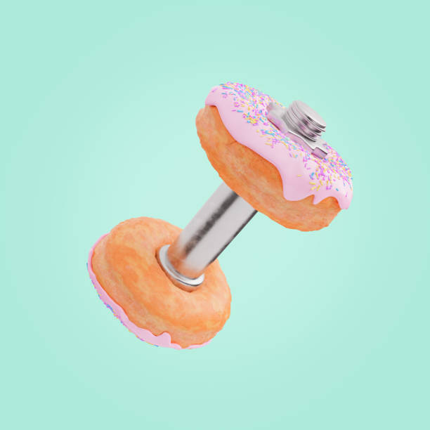 3d rendering of gym dumbbell with tasty glazed doughnuts instead of weight plates on mint background