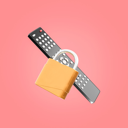 3d illustration of remote control for television switch channels under lock forbidding showtime
