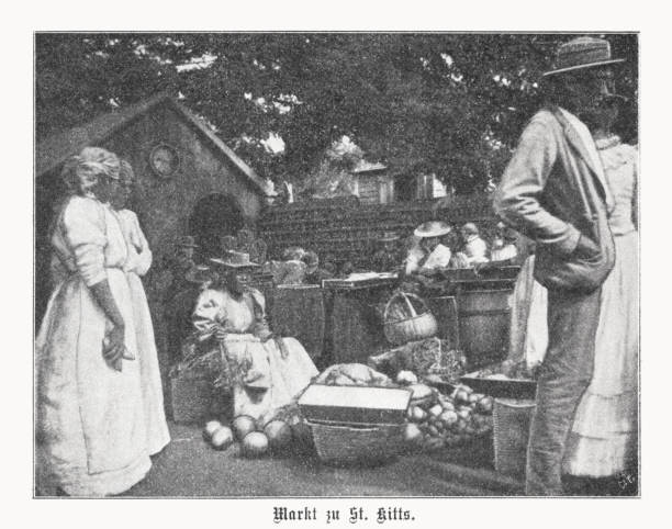 Market in Saint Kitts, Caribbean, halftone print, published in 1899 Historical view of a market in Saint Kitts. Nostalgic scene from the past. Saint Kitts - an island in the Caribbean, also known as Saint Christopher. Together with the island of Nevis, St. Kitts forms the island state of St. Kitts and Nevis.  The majority of the population are descendants of African slaves. Halftone print after a photograph, published in 1899. slave market stock illustrations