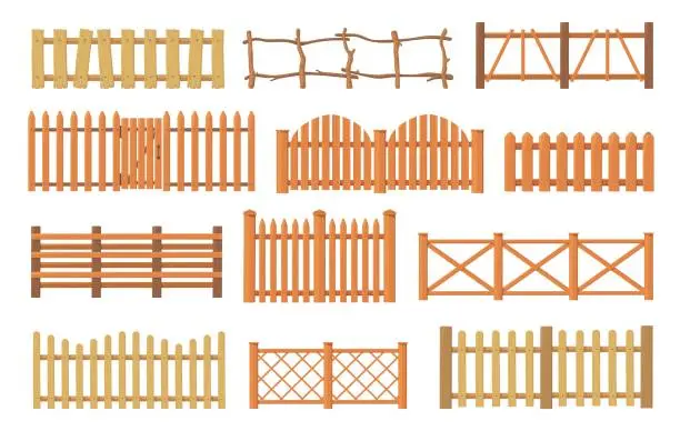 Vector illustration of Wooden enclosures. Wood fence, timber palisade garden railing cartoon fences types farm or rural barrier of beautiful finca, yard house gates panel border, neat vector illustration