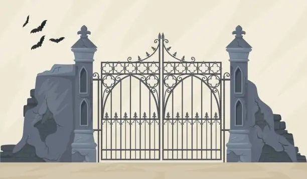 Vector illustration of Gothic gate. Mansion or cemetery entrance gates, horror graveyard old park portal metal antique wrought fence asylum door spooky manor architecture cartoon neat vector illustration