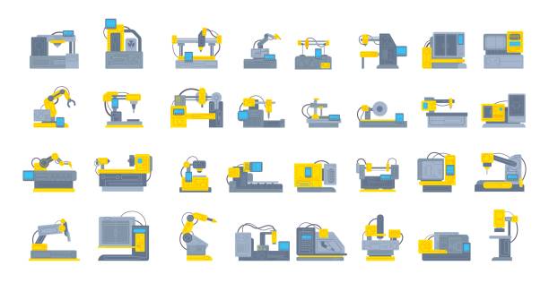 ilustrações, clipart, desenhos animados e ícones de máquinas cnc. fábrica de metalurgia de máquinas industriais, máquina de fresagem de torno ferramenta de moagem hidráulica prensa fabricação roteador programação - hydraulic platform illustrations