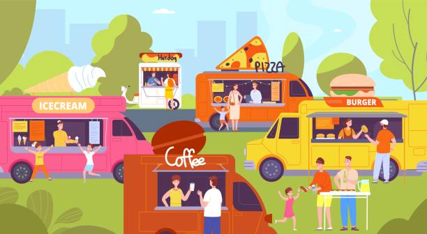 People food truck. Street eating festival, court outdoor marketplace summer fair park ice cream car vendor city cafe meal drink beach party, cartoon splendid vector illustration People food truck. Street eating festival, court outdoor marketplace summer fair park ice cream car vendor city cafe meal drink beach party, cartoon splendid vector illustration of ice cream and pizza hot male drawing stock illustrations