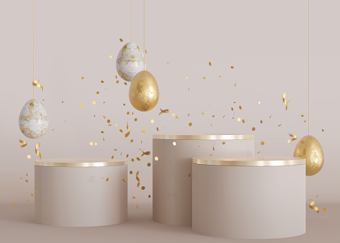 Three podiums with golden Easter eggs and copy space. Modern stage for product, cosmetic presentation. Easter mock-up. Pedestal, platform for beauty products. Empty scene. Display, showcase. 3D render