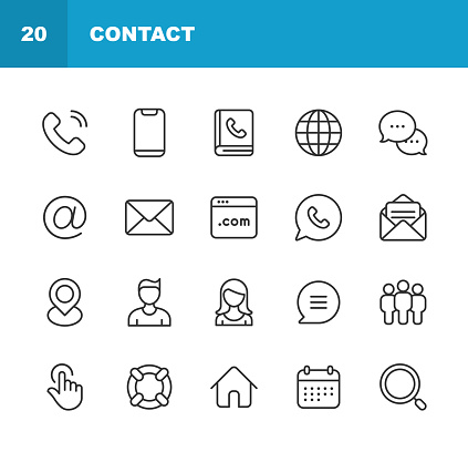 20 Contact Us Outline Icons. 24 Hours, Address Book, Advertising, Business, Business Card, Businessman, Businesswoman, Calendar, Chat, Clock, Communication, Customer Support, Date, E-Mail, Emoji, Envelope, FAQ, Feedback, Gesture, Global Business, Globe, Hand, Hashtag, Heart, Home, House, Image, Leadership, Like, Like Button, Link, Location, Magnifying Glass, Man, Management, Map, Marketing, Meeting, Message, Navigation, Office, Office Worker, Phone, Photo, Podcast, Schedule, Searching, SEO, Smartphone, Social Media, Speaker, Speech Bubble, Tap Gesture, Technology, Telephone, Testimonial, Text, Text Messaging, Time, Video Call, Video Chat, Video Conference, Web, Web Browser, Web Link, Website, Wifi, Woman, Writing.