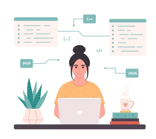 Vector illustration of Asian woman working on laptop. Woman IT developer. Programming code. Freelance, remote working. Vector illustration in flat style