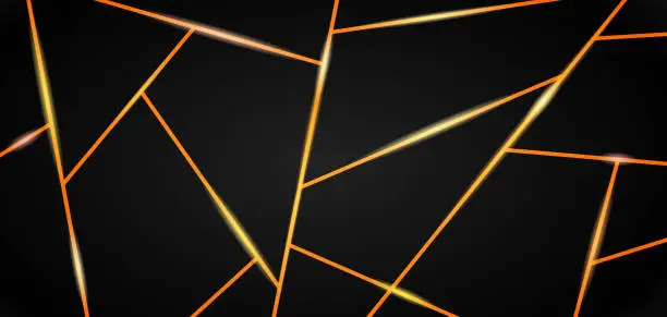 Vector illustration of Abstract black background from triangles with bright glowing elements. Vector design backdrop