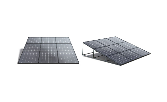 Blank black solar panel roof-mounted mockup, front and side view, 3d rendering. Empty electrical pv generator for sustainable energy mock up, isolated. Clear rooftop aerial station template.
