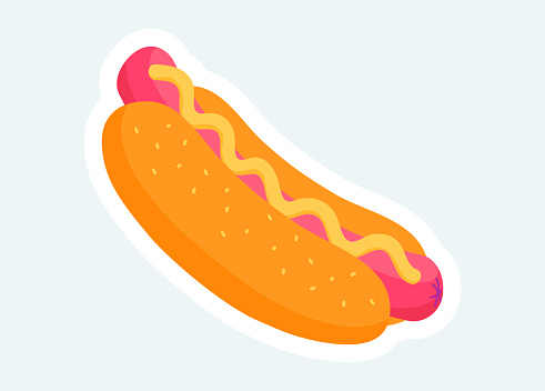Hot dog with sausage and ketchup in bun. Fast food and takeaway. Vector illustration in cartoon sticker design