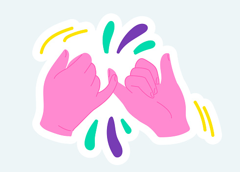 Human hands holding little fingers, pinky promise symbol. Vector illustration in cartoon sticker design