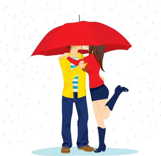 Vector illustration of Hiding Kiss Under Umbrella