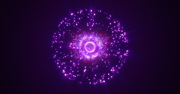 Abstract round purple sphere glowing energy magic molecule with atoms from particles and dots cosmic. Abstract background.