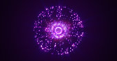 Abstract round purple sphere glowing energy magic molecule with atoms from particles and dots cosmic. Abstract background