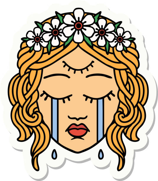 naklejka tatuażu w tradycyjnym stylu kobiecej twarzy z trzecim okiem i koroną kwiatów cyring - third eye illustrations stock illustrations