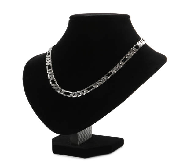 istock Stylish silver necklace on jewelry bust against white background 1455716265