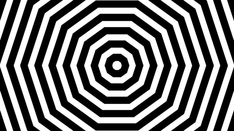 Pulsing striped center circles minimal black and white background loop. Hypnotic concentrate seamless backdrop. Attracting attention bright creative design.