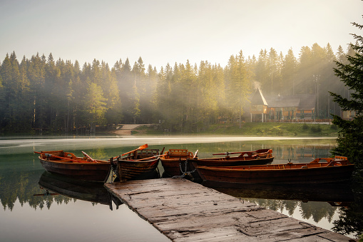 Wooden Boats on a Lake in Durmitor Montenegro