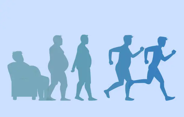 Vector illustration of Vector of a fat man standing up from an armchair strating to run to lose weight.