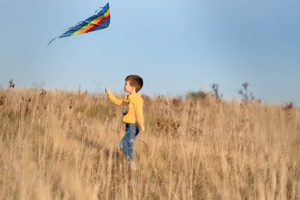 istock Happy child playing with a kite while running on meadow, sunset, in summer day. Funny time with family. Little boy launch a kite. 1455718237