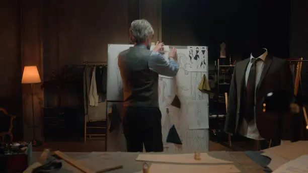 Photo of Tailor works with sketch of future garment