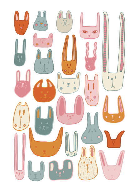 illustrations, cliparts, dessins animés et icônes de museaux de lièvres et de chats aux couleurs vives. stickerpack. ensemble de petits animaux isolés sur fond blanc. illustration vectorielle - purebred cat illustrations