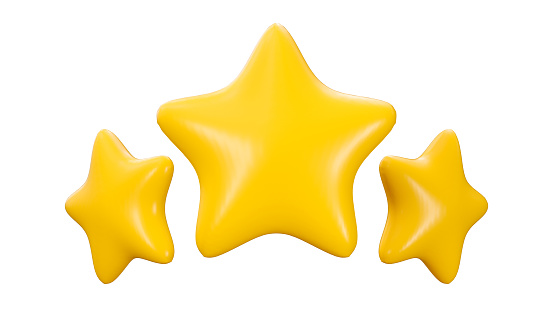 Three yellow stars in cartoon style. The concept of rating customer reviews about a site employee. Achievements for games. 3d illustration