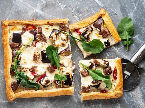 Eggplant tart, Eggplant pizza, Eggplant pie, Food and drink, Food, Quiche, Savory Pie, Appetizer, Baked, Baked Pastry Item, Bakery, Baking, Cheese, Puff Pastry