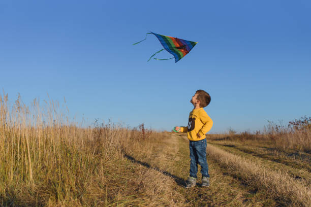 istock Happy child playing with a kite while running on meadow, sunset, in summer day. Funny time with family. Little boy launch a kite. 1455720370