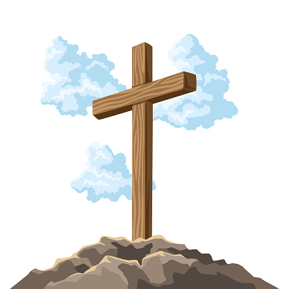 Christian illustration of wooden cross and shroud. Happy Easter image. Religious symbol of faith.