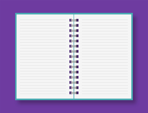 Blank white spiral notebook on purple background