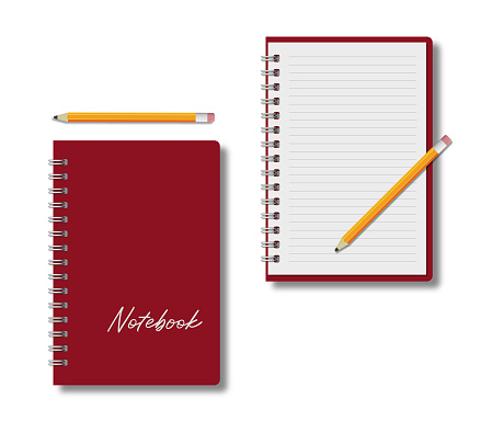Spiral notebook empty page and cover with pencil, realistic vector mock-up