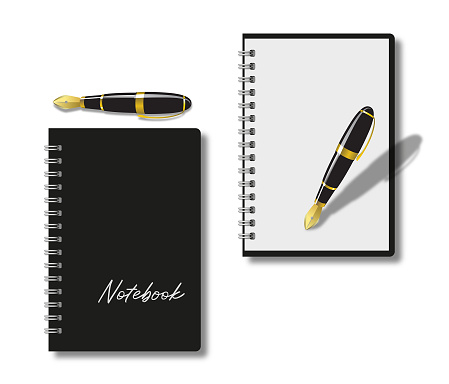 Spiral notebook empty page and cover with fountain pen, realistic vector mock-up