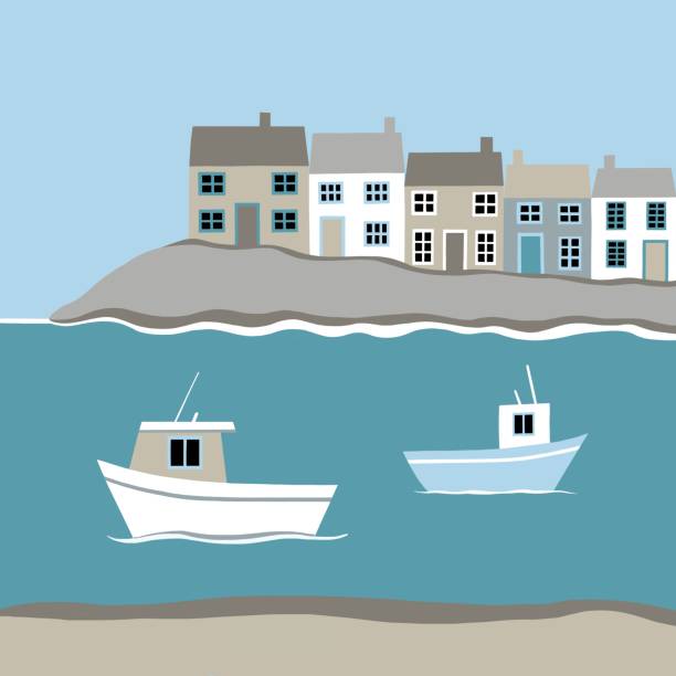 ilustraciones, imágenes clip art, dibujos animados e iconos de stock de vista de la pared del puerto con barcos de pesca - row house illustrations