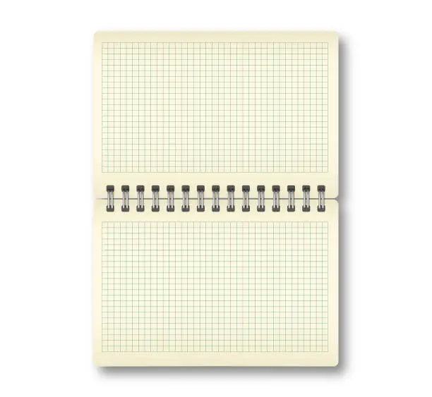 Vector illustration of Blank spiral notebook with checkered pages. Spiral notebook template