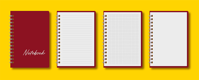 Notebook series. Blank realistic spiral binder notepad design. White sheets, checkered and ruled pages, burgundy cover, premium quality surface look