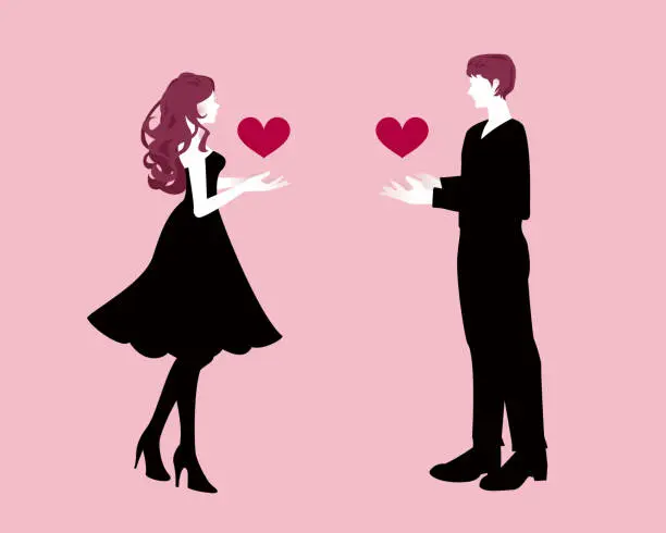 Vector illustration of Silhouette illustration of a man and woman couple giving hearts to each other.