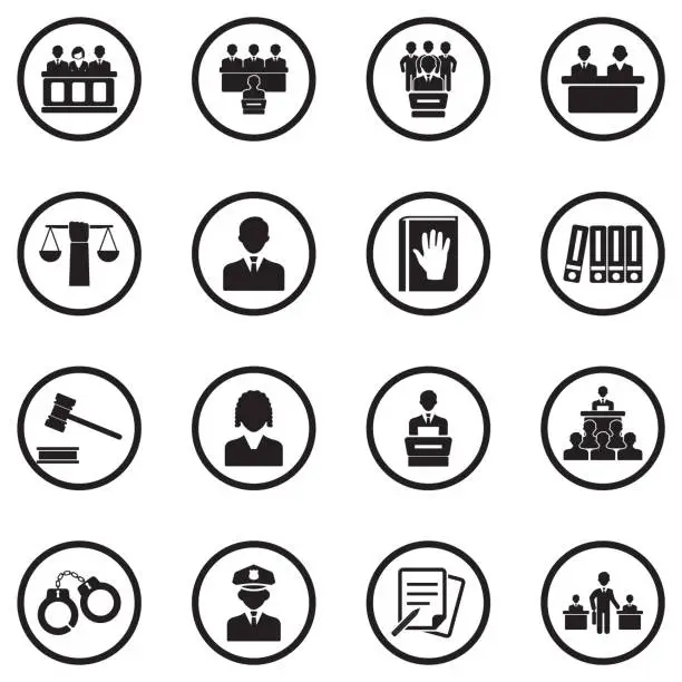 Vector illustration of Legal, Court And Justice Icons. Black Flat Design In Circle. Vector Illustration.